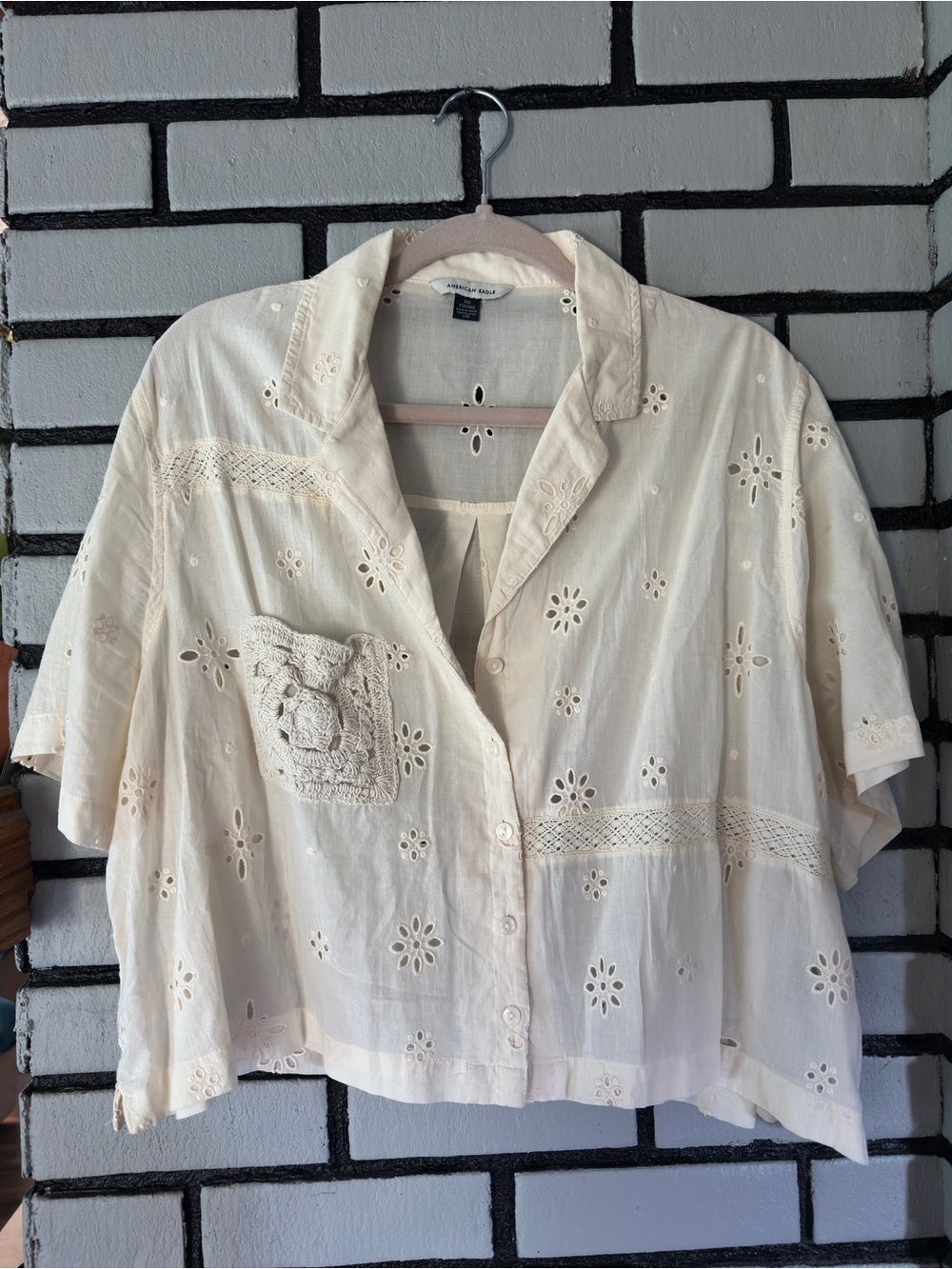 American Eagle Outfitters Cream Eyelet Button-Up Top